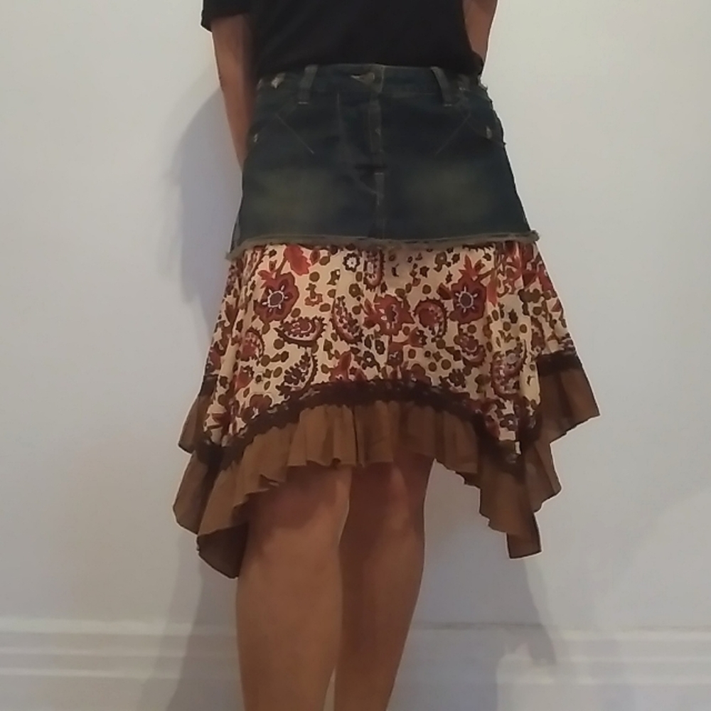 Unique Denim and flower pattern cotton fit and flare mini skirt,